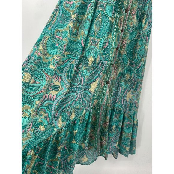 Boemo Anthropologie Women Dress Turquoise Paisley Ruffle Tier Smock Stretch - Picture 5 of 9